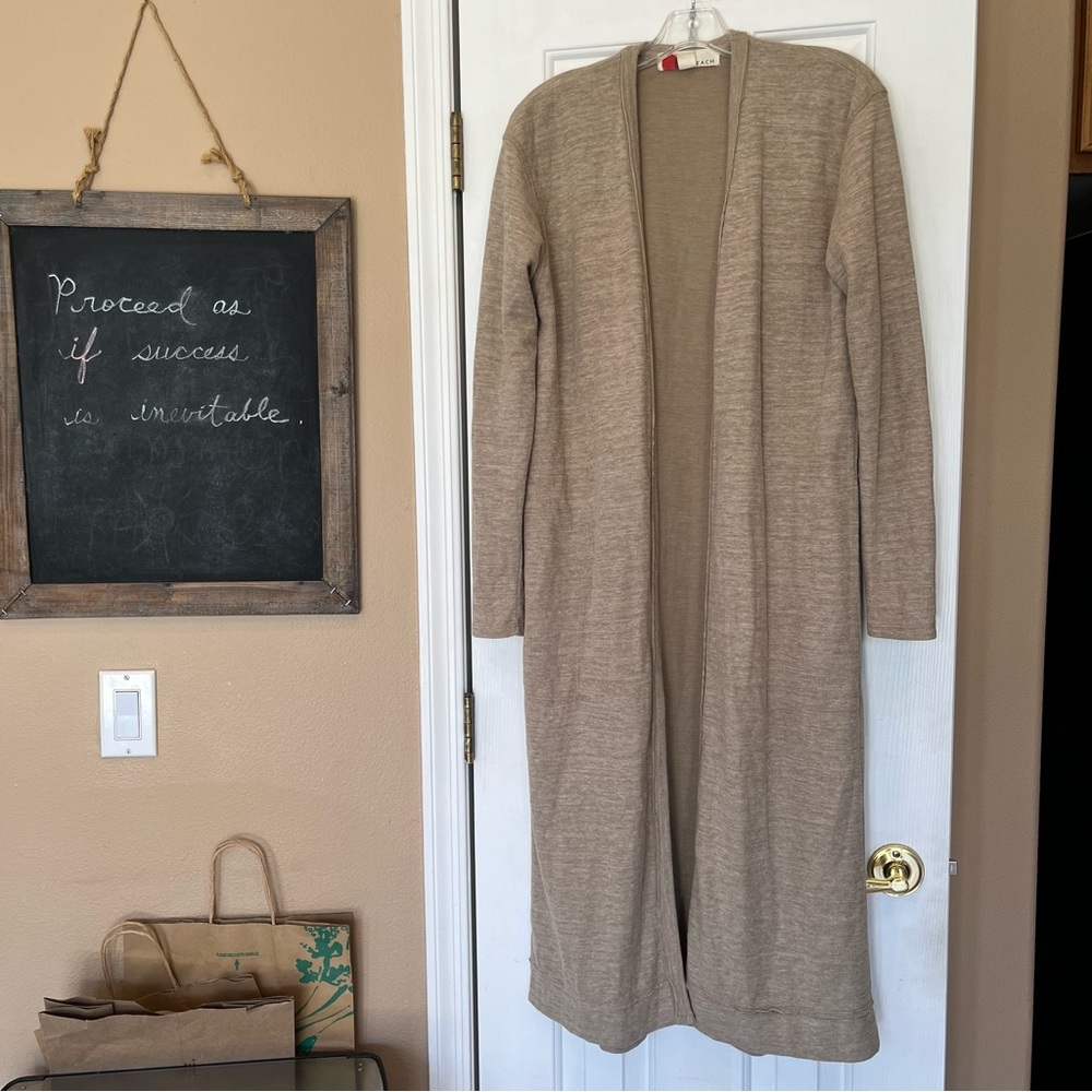 Free People Beach Tan Long Boho Open Front Cardigan  Sweater Pockets XS Wrap